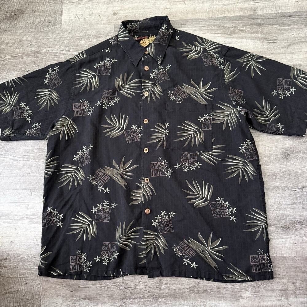 Caribbean Hawaiian Silk Shirt Mens Sz Large Black Floral Wood-tone Buttons